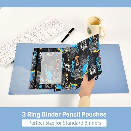 Miniatura 5 de Monster Truck - Estuche para lápices para 3 anillas, bolsillo para carpetas de lápices con ventana transparente y cremallera para almacenamiento de