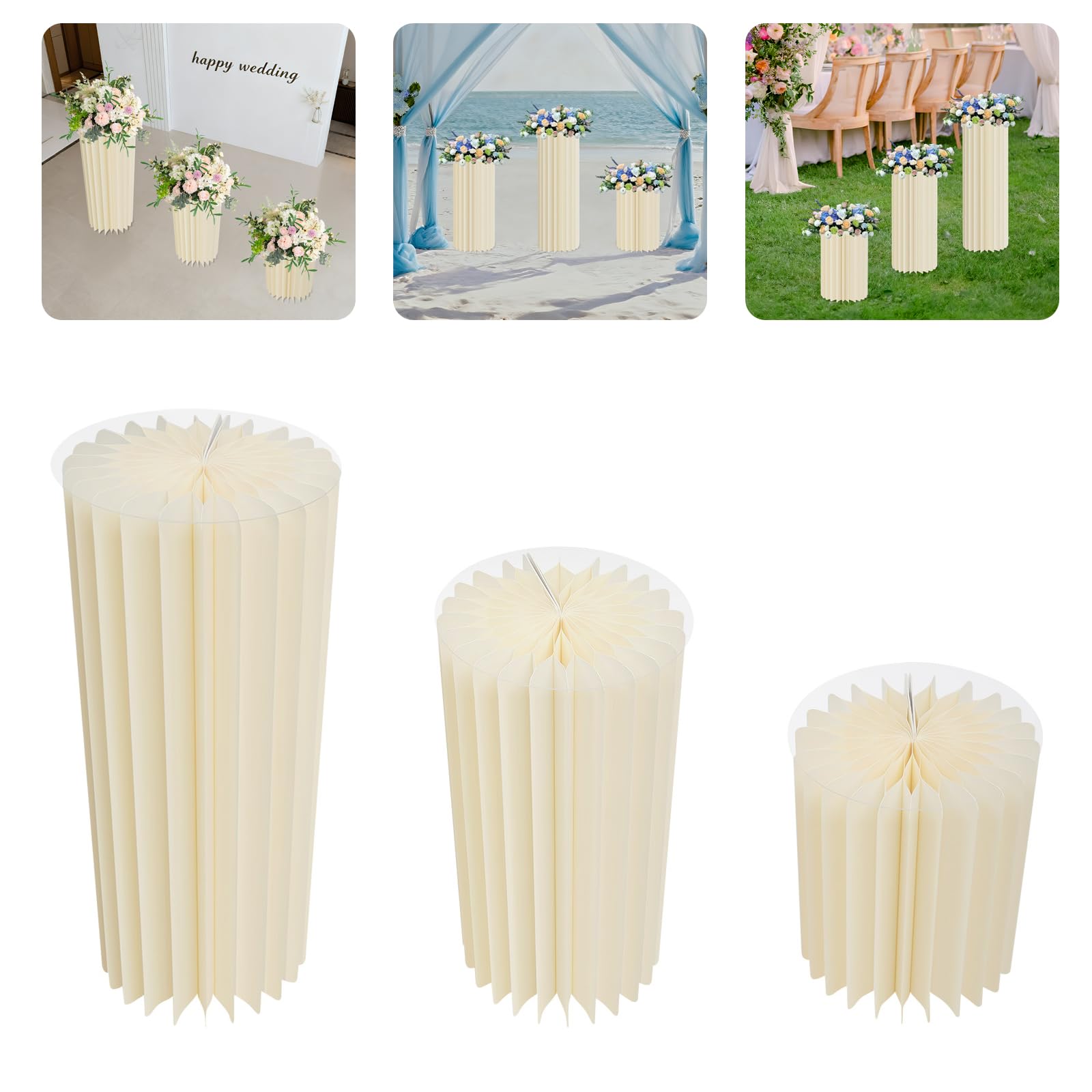3 pezzi 40-80 cm Colonne Fiori Cartone, Supporto Mazzo Matrimonio Pieghevole | 3 pezzi, 40/60/80 cm, 25-30 kg, cartone & PVC, struttura a nido d'ape, pieghevole, bianco, per matrimoni e feste