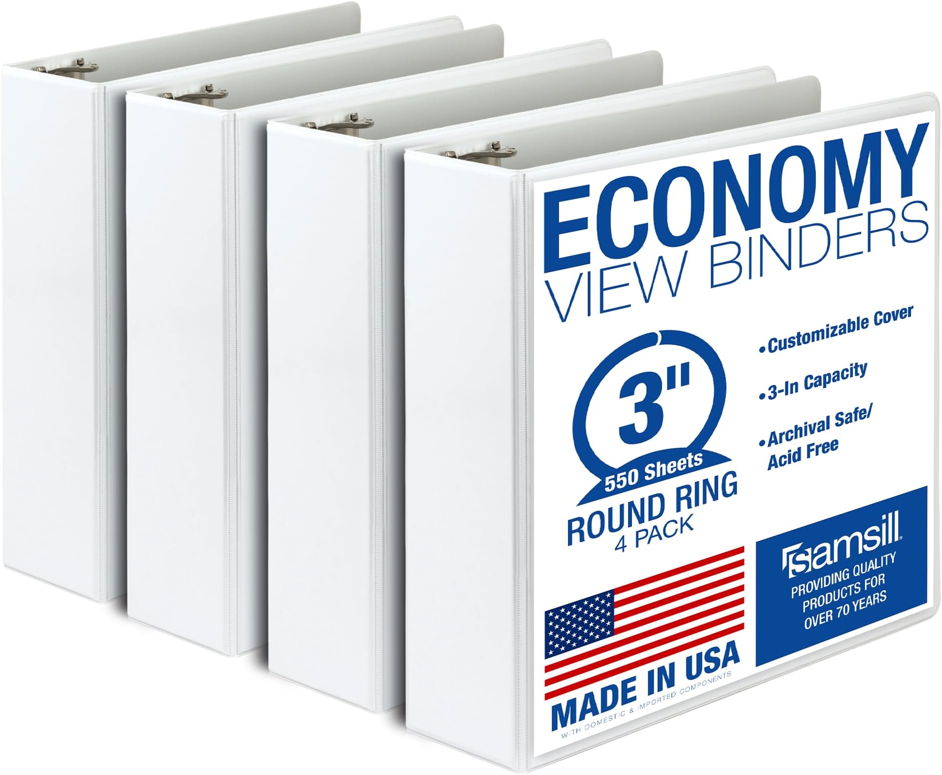 3 Inch 3 Ring Binders, Economy Round Ring, Clear View Cover, 550 Sheet Capacity - for School, Home, Office - White, 4 Pack