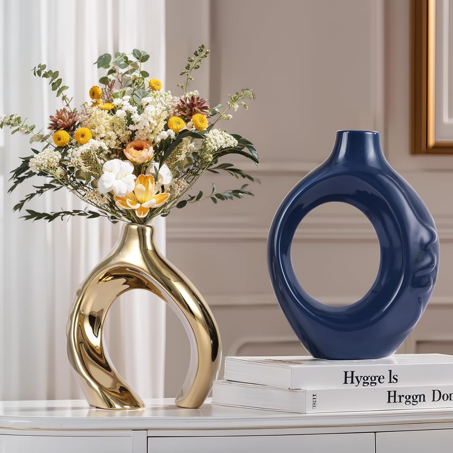 Navy Blue Gold Ceramic Vase Set of 2 for Modern Home Decor,Round Boho Vase for Pampas Grass,Neutral Minimalist Statue for Dining Room Table Centerpiece Dining Room,Wedding Table Decoration