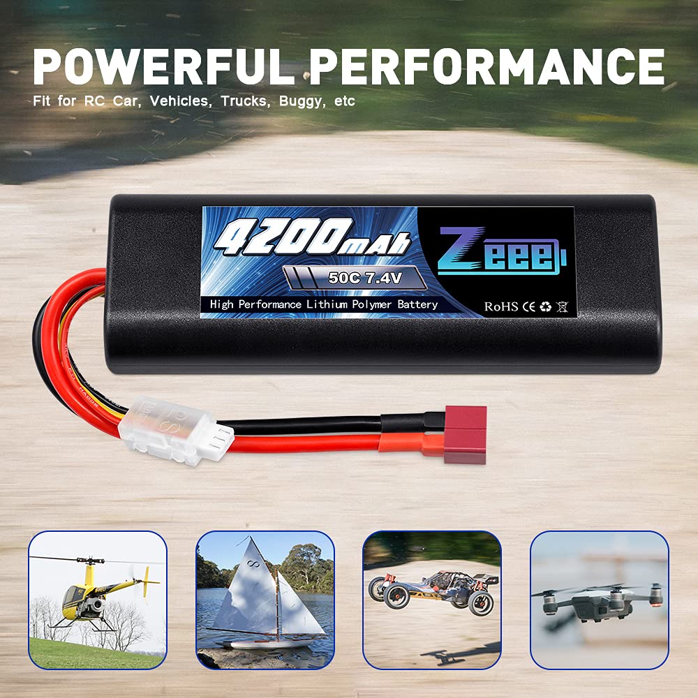 Zeee 2S Lipo Batteria 7.4V 50C 4200mAh Batteria RC con Deans T Plug per RC Auto RC Camion RC Hobby (2 pezzi)