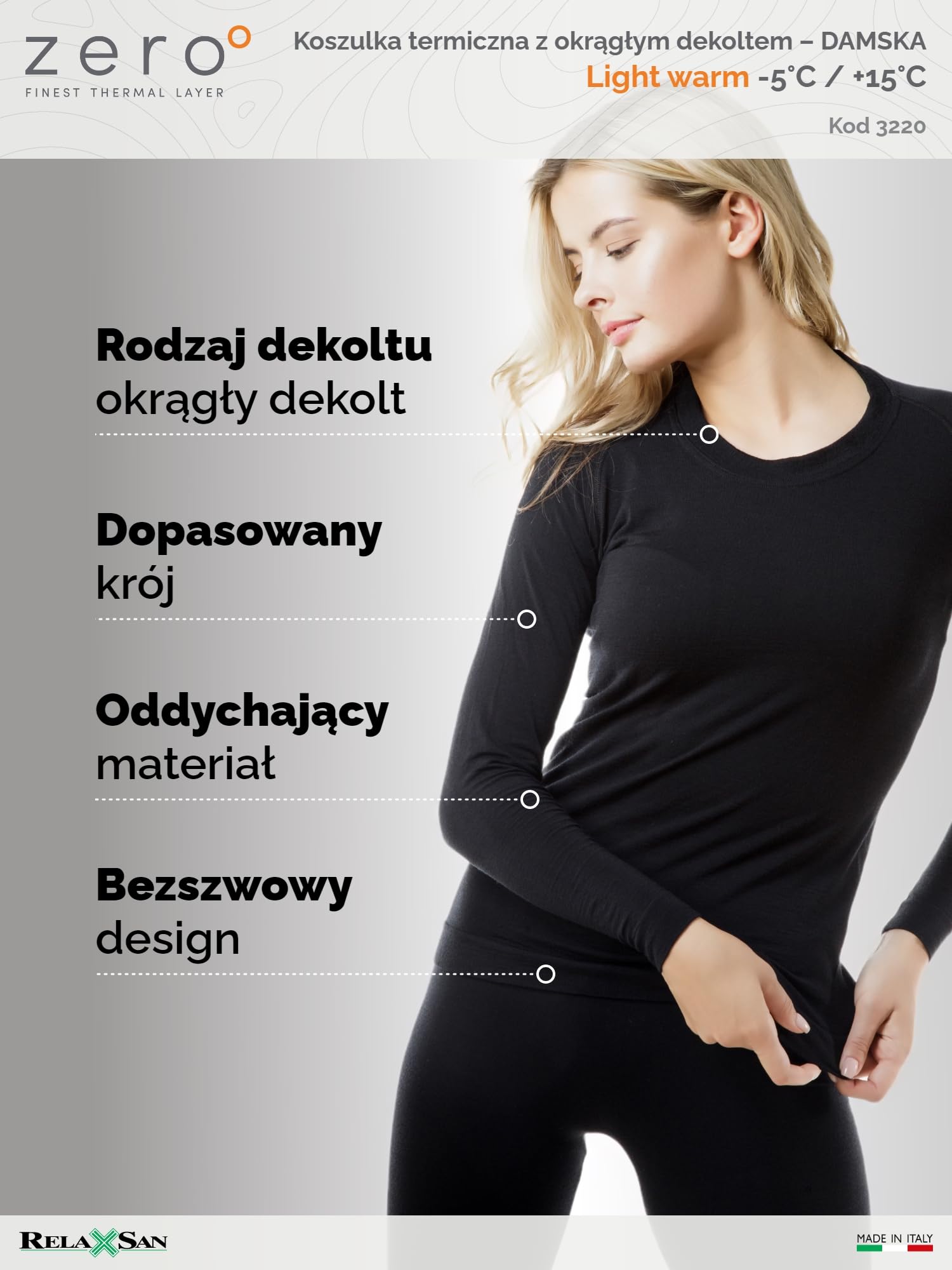 Relaxsan Zero 3220 – Damska koszulka termoaktywna długi rękaw ultralekka bielizna oddychająca z włókien Dryarn i wełny merynosowej