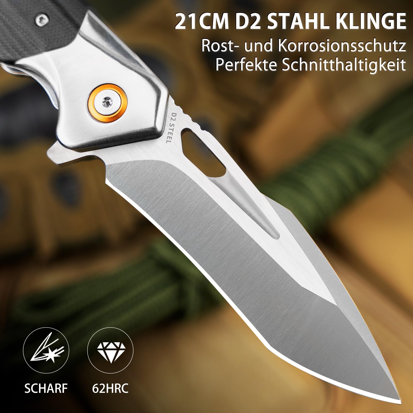 LOTHAR LICH KING Navaja Plegable, Cuchillo de Bolsillo de Acero D2 con Mango G10, Navaja de Supervivencia con Sistema Liner Lock y Clip de Cinturón (Plata)