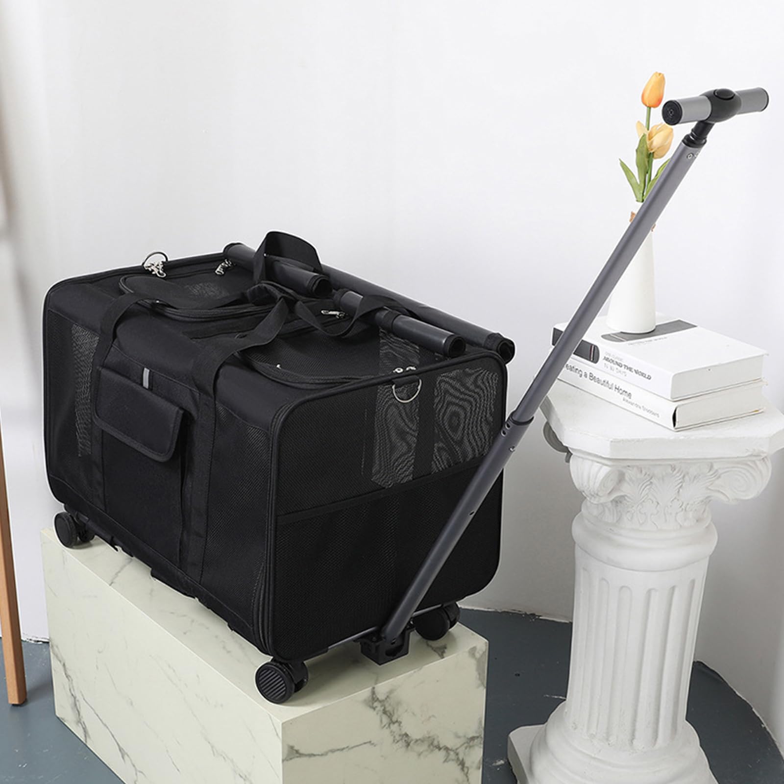 Transportín De Mascotas De Doble Compartimento con Ruedas Desmontables para Gato/Perro, Transportador Rodante para 2 Gatos Pequeños,Perros, Diseño Súper Ventilado,Negro