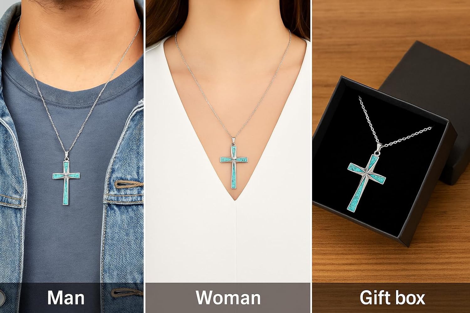 Stainless Steel Turquoise Cross Necklace for Men and Women – Faith Pendant Jewelry with Adjustable Chain, Gift Box Included - Image 3
