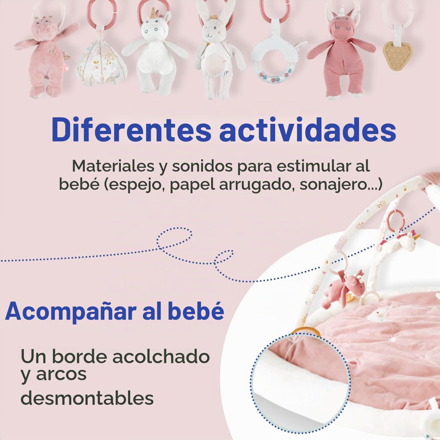 NOUKIE'S – Alfombra de Juegos para Bebé Veloudoux Lina & Joy – Alfombra Sensorial con Juguetes Colgantes – Motricidad, Desarrollo, Estimulación – Lavable a Máquina – Recién Nacido – Regalo