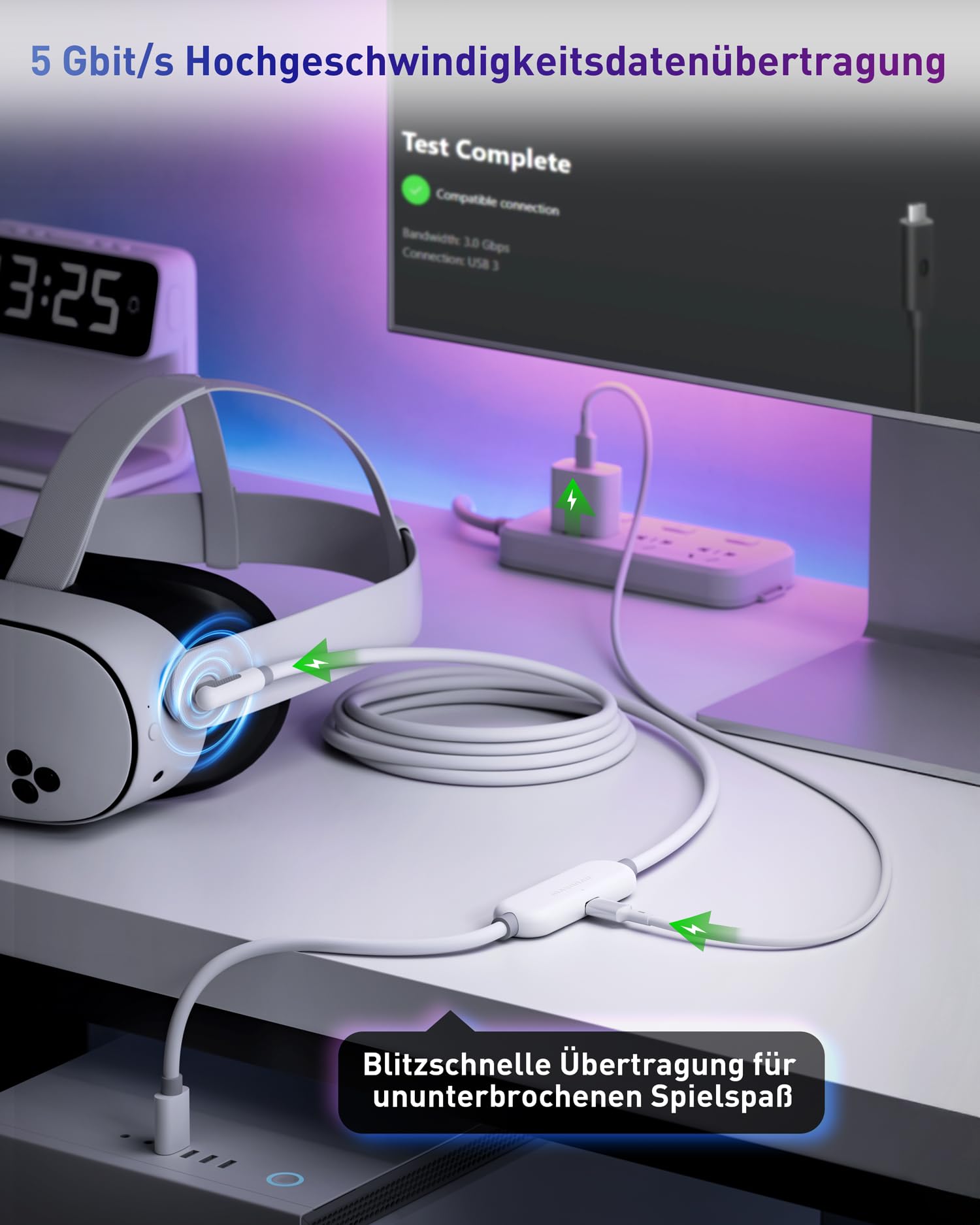 Maxonar Link Kabel mit Ladeanschluss 5m High Speed 5Gbps USB 3.0 to USB-C Kabel, Kompatibel mit Meta Quest 3/Quest 3S/Oculus Quest 2/Pico 4, PC Steam VR Headset Zubehör (Weiß)