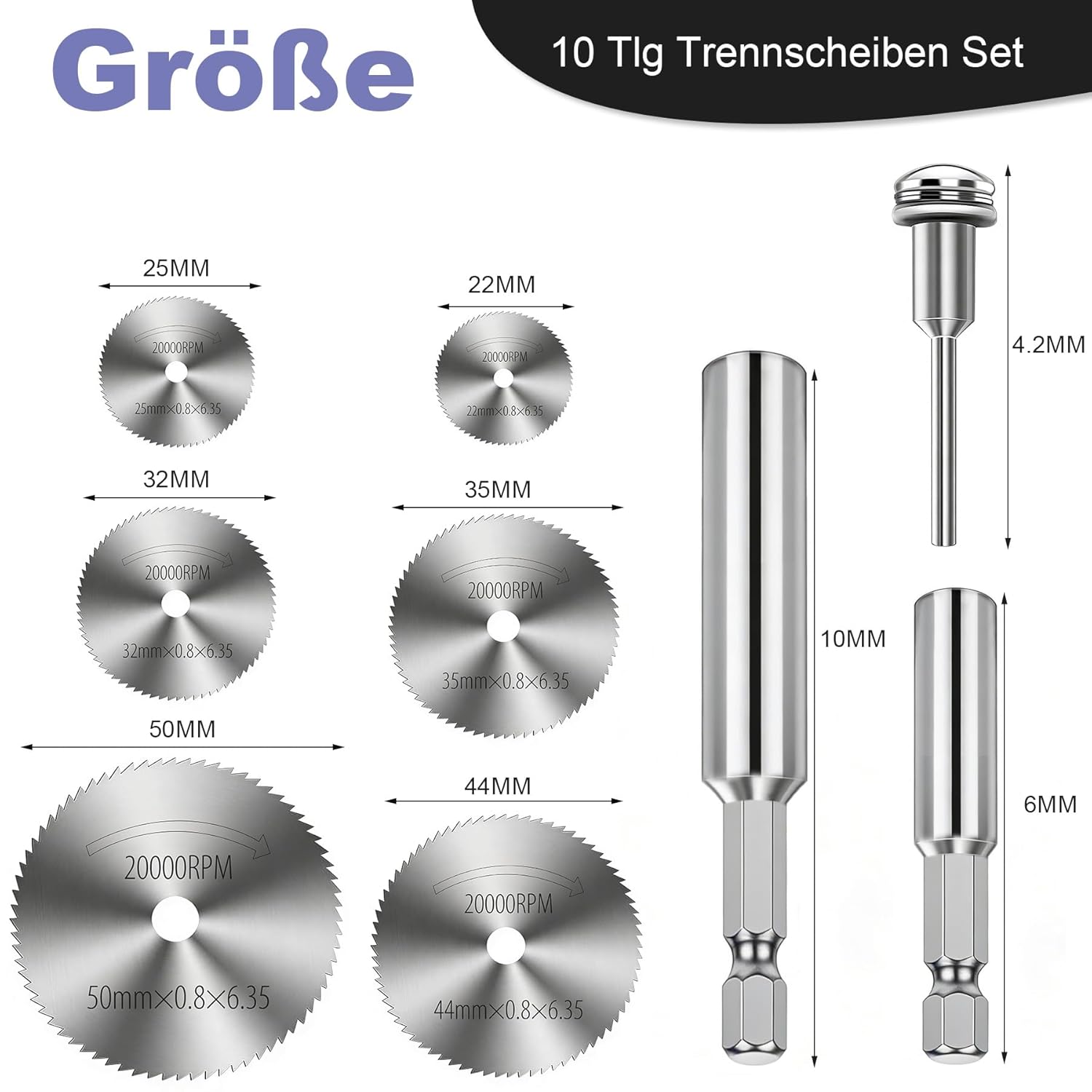 10-Piece Cutting Disc Set, HSS Cutting Wheels with 1/4 Inch Shank for Wood, Plastic, Metal, Stone, Glass, Complete Set with 6 Cutting Discs, 65 mm/106 mm Adapter, Phillips Screwdriver and Additional