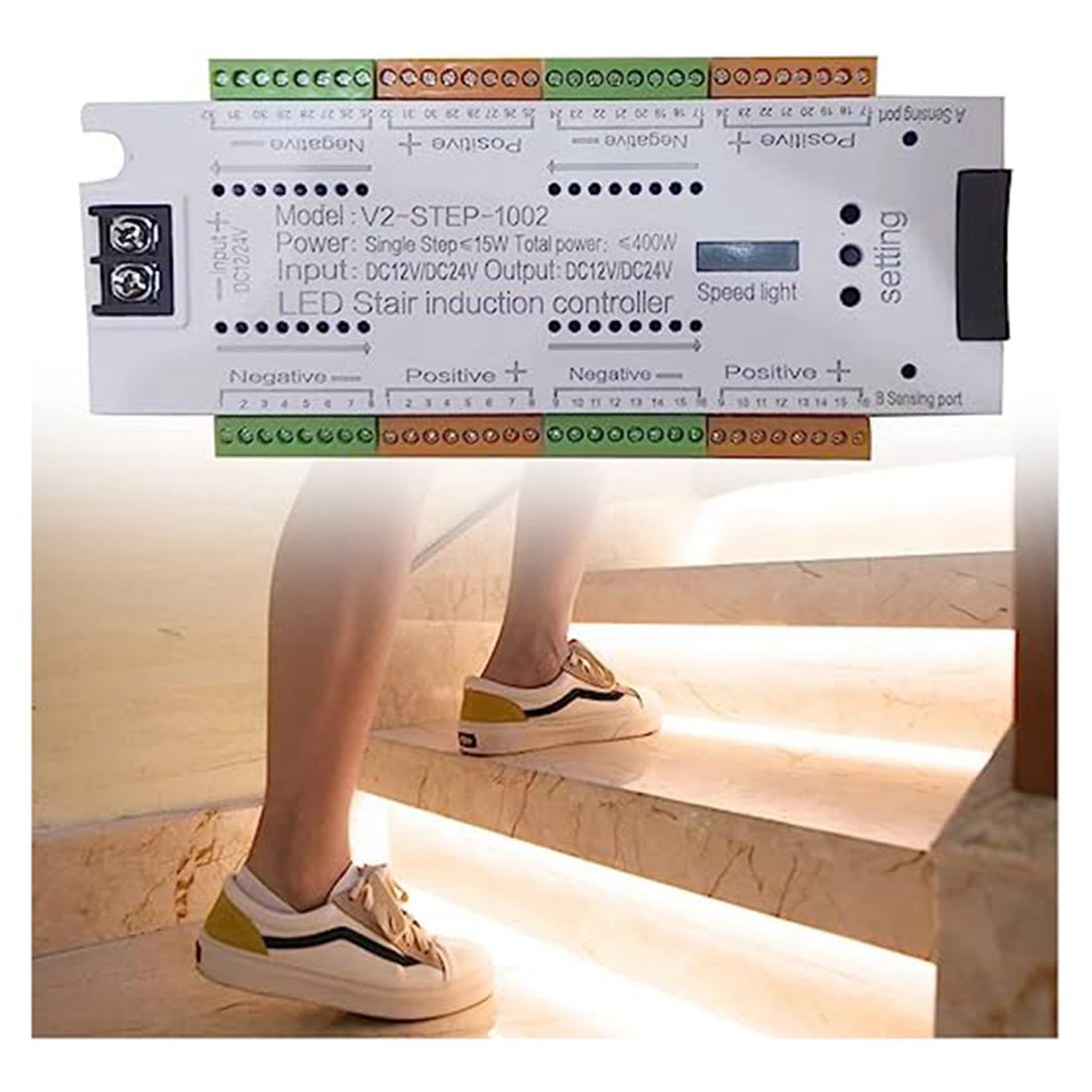 2X Automatisches 32-Kanal-Treppenbeleuchtungs-LED-Bewegungssensor-Treppenlicht-Controller-Kit für Treppen, Flexibler Streifen 12V 24V