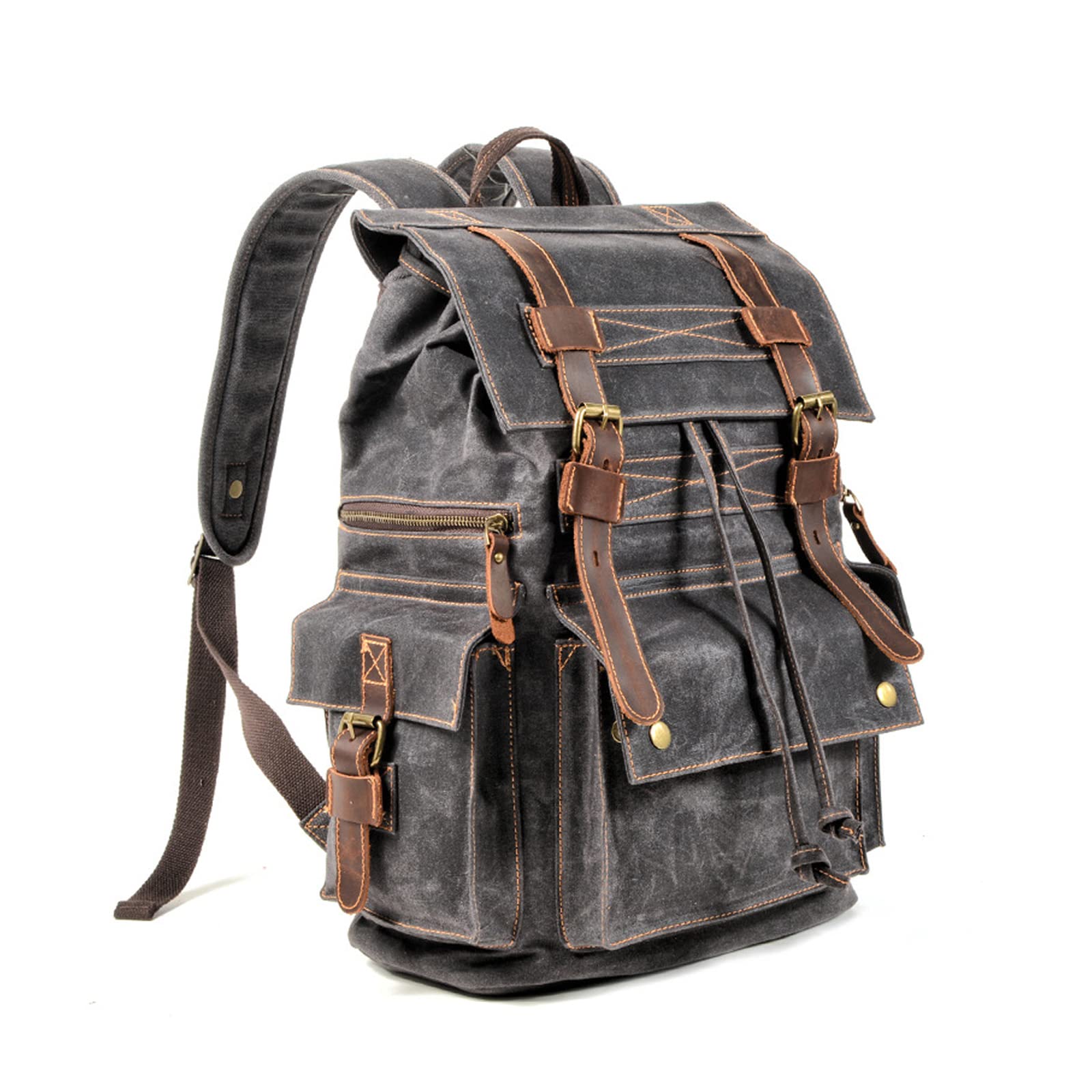 FANDARE Vintage Canvas Backpack Outdoor Hiking Daypacks Vintage Daypacks Travel Trekking Drawstring Rucksack Shoulder Bag for Men Women Sport Camping Mountaineer Knapsack Dark Gray
