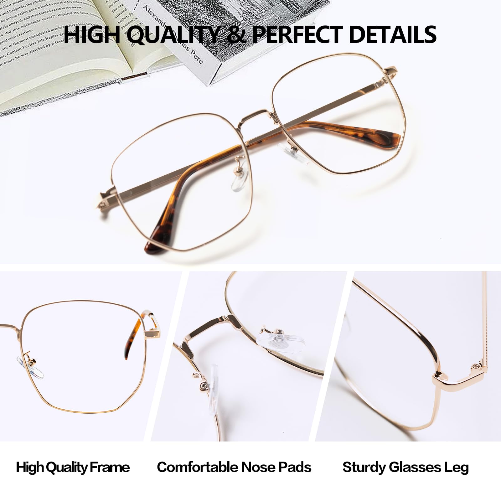 KAEOISFU Unisex Oversized Square Reading Glasses, Large Metal Frame Blue Light Blocking Computer Readers, Lightweight Durable Anti-Glare Eyeglasses(Gold,+2.5) - Image 3