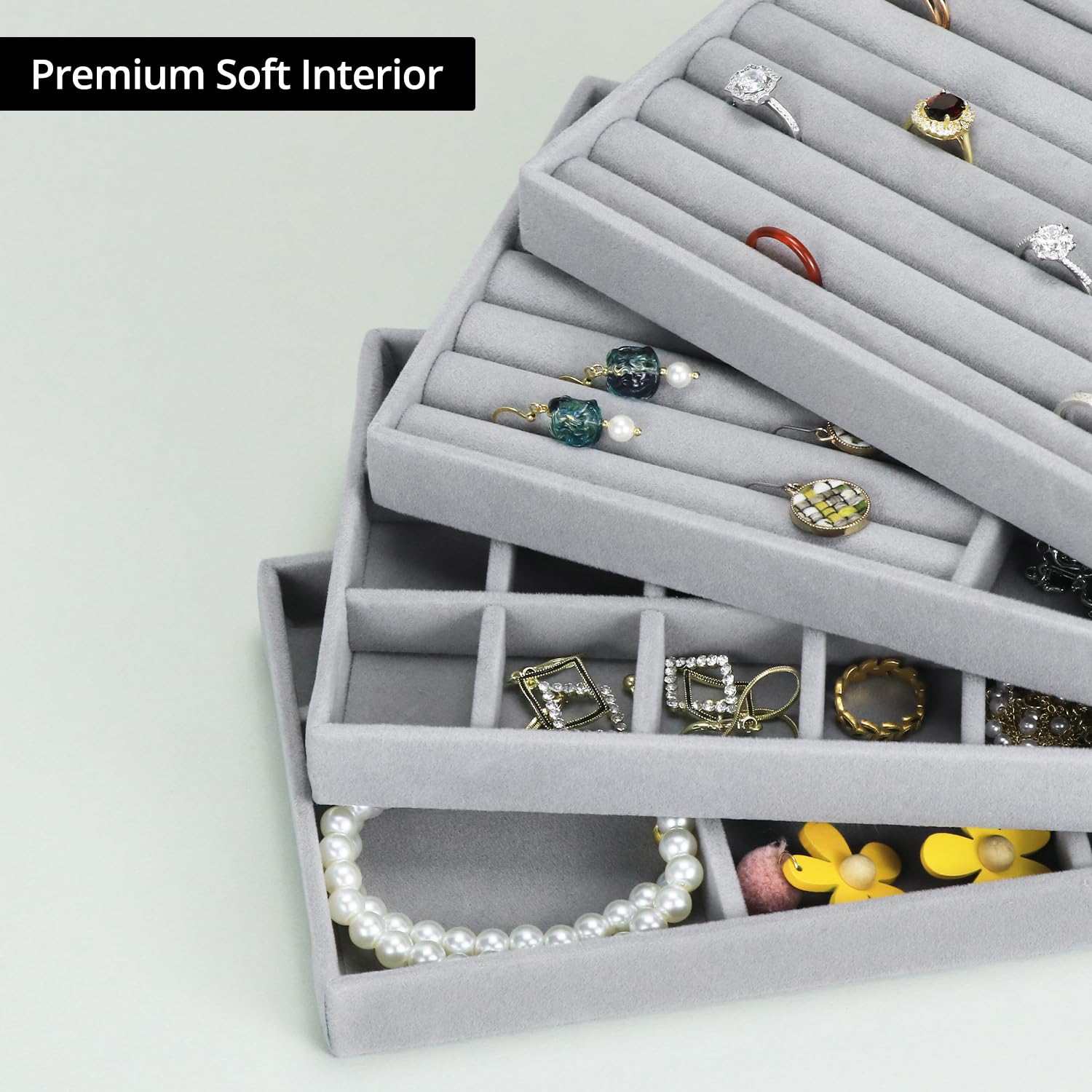 QWORK® 10 sztuk składanych aksamitnych tacek na biżuterię do szuflady - 21x12x2.5cm - szary organizer do wystawiania kolczyków, pierścionków, naszyjników, bransoletek