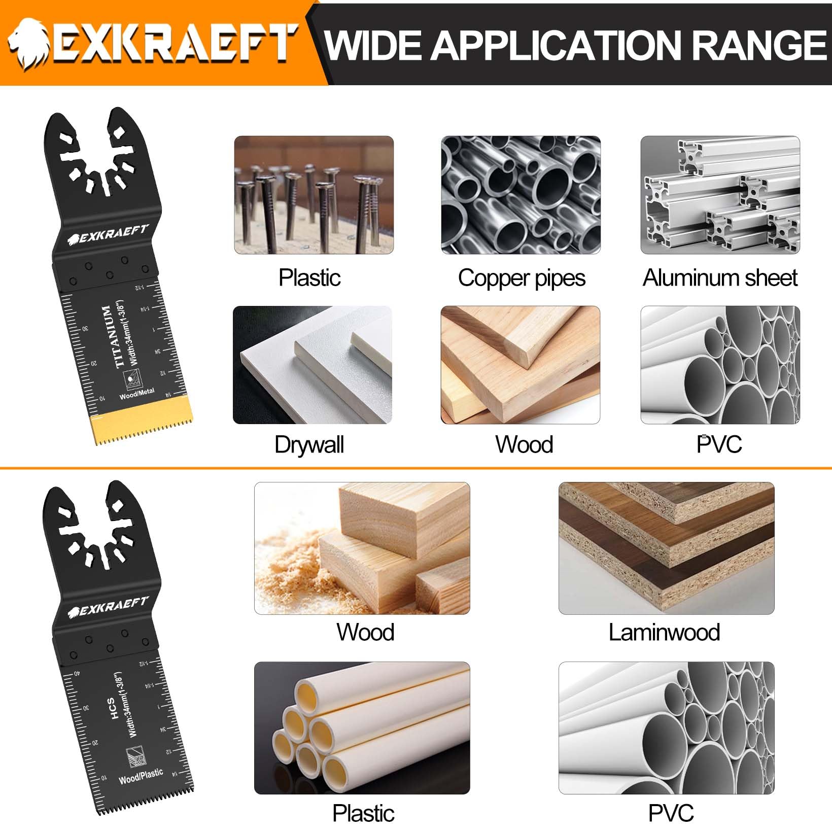 EXKRAEFT 100 hojas de sierra oscilantes profesionales universales de titanio para clavos de metal, madera y plástico, accesorios multiherramienta para Dewalt, Milwaukee, Ryobi, Rockwell Fein (100