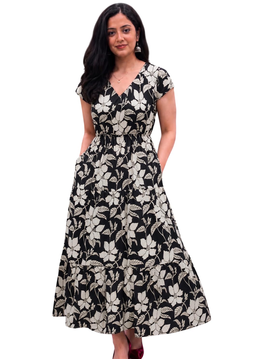 chaukas Women's Rayon Printed Midi Dress | A-Line Flared Casual Dress with Pockets | V-Neck Short Sleeve Tiered Dress | Soft & Comfortable Summer, Office, Travel-picture-29