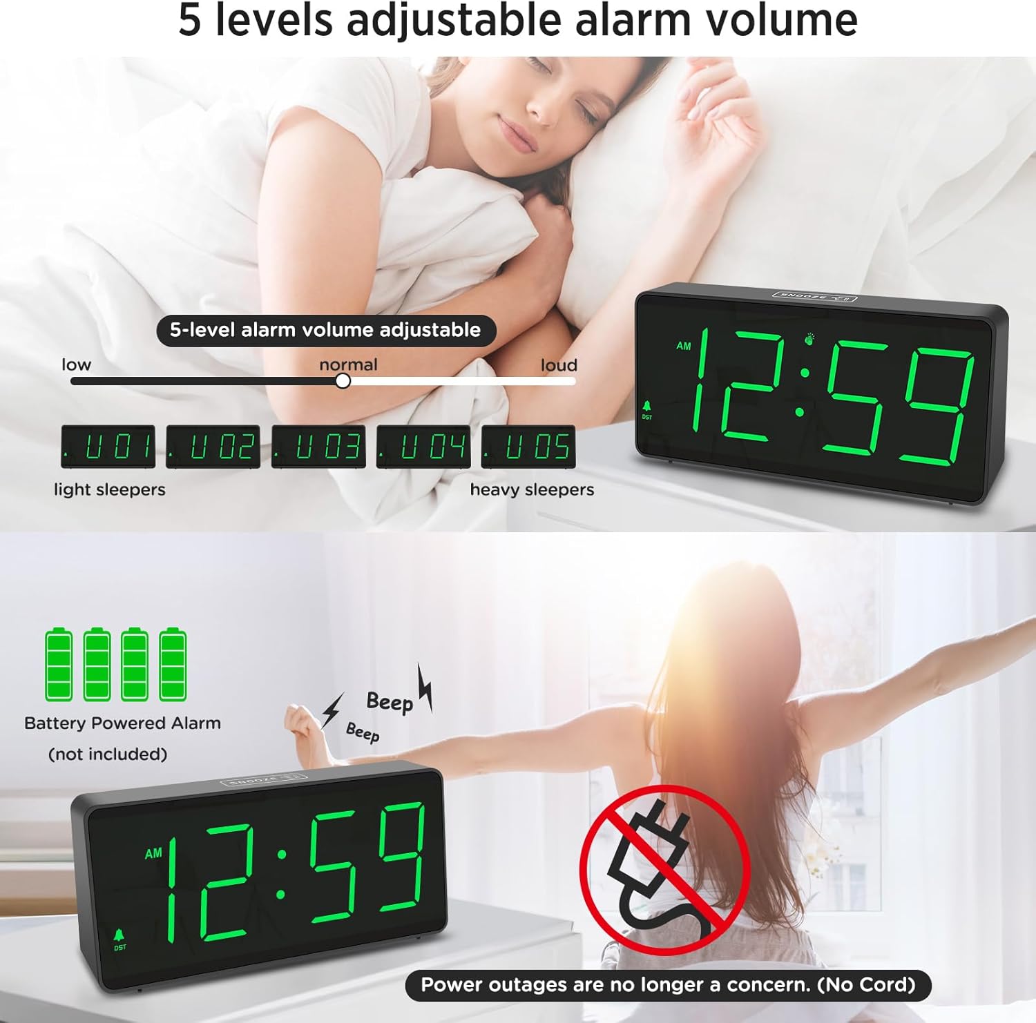 Peakeep Digital Clock showing 5 levels of adjustable alarm volume