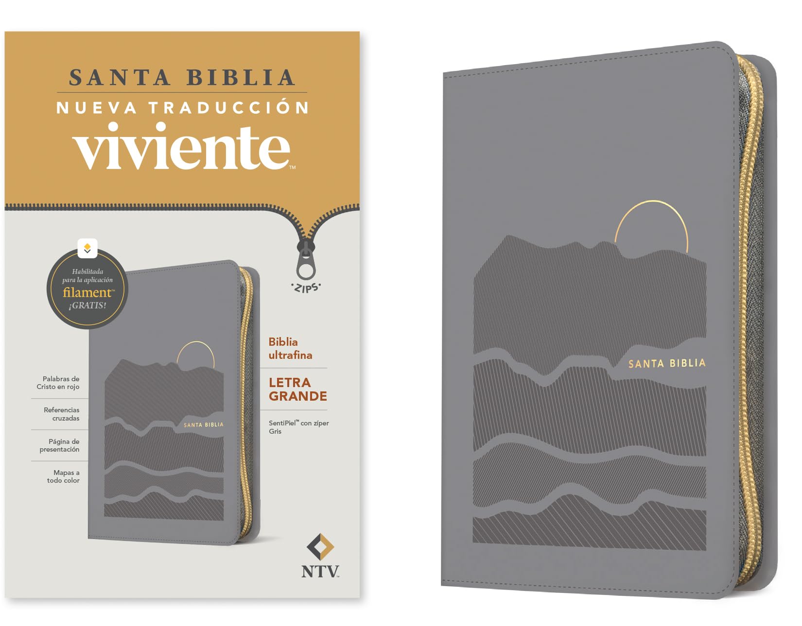 Biblia ultrafina NTV, letra grande de ziper con Filament (SentiPiel, Gris, Letra Roja)