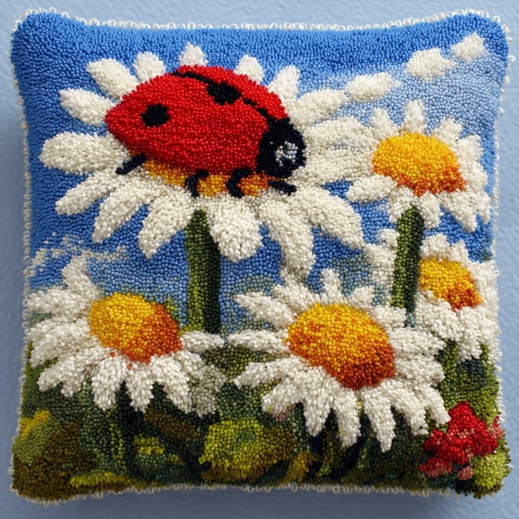 Henypt DIY Latch Hook Kit 43x43cm / 17x17 Inch,Ladybugs and Daisies Complete Crochet Rug Kit with Yarns & Hook,Creative Needlework Gift for Family