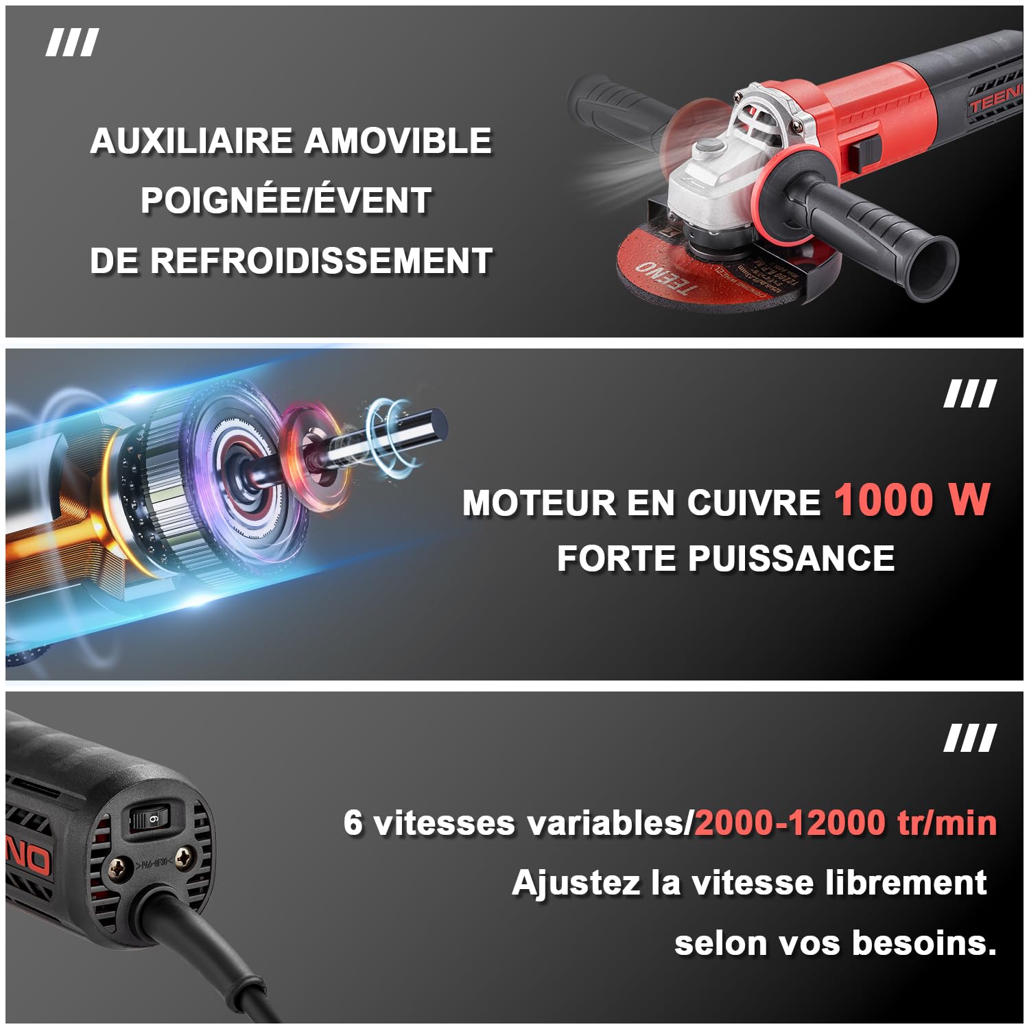 TEENO Meuleuse D'angle 125mm 1000W 2000-12000 trs/min Avec 20 Accessoires, Meuleuses D'angle Avec Sac à Main en Toile, Disqueuse 125 mm, Coupe et le Meulage, le Polissage, Métal, Bois,Céramique,Pierre