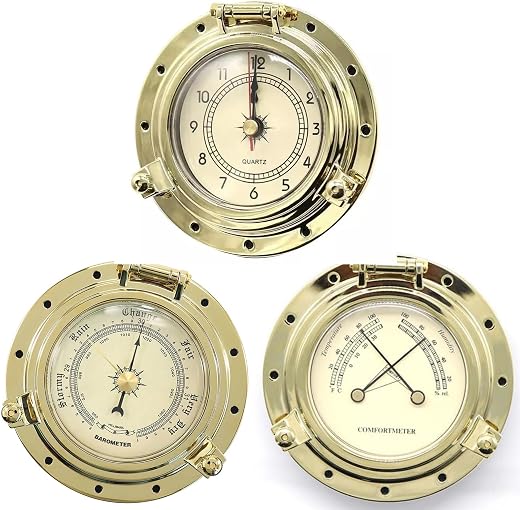 Vintage Handmade Roman Brass Weather Station Set - Quartz Clock, Hygrometer & Barometer for Home, Auto, Yacht Marine Decor (3 pcs in 1set)