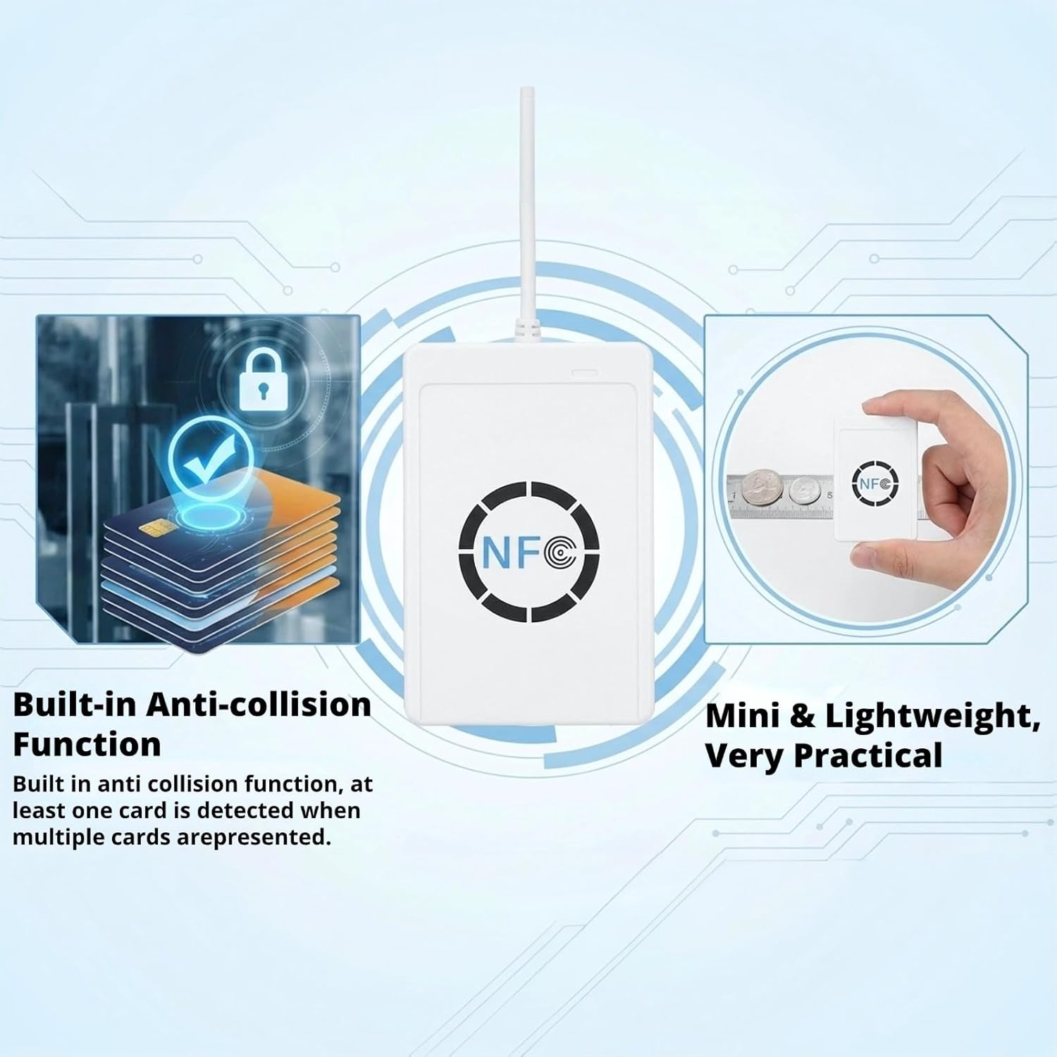 USB NFC Smart IC Card Reader Writer Copier Duplicator 13.56MHz 424kbps with Integrated Antenna, Compatible with ISO 14443 Types A and B, Fast Read Write Speed