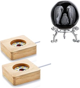 ZEERSHEE 60mm 3D Penguins Decorative Crystal Ball Figurine with Stand & Pack 2 Wooden LED Light Display Base Decor for Home Table