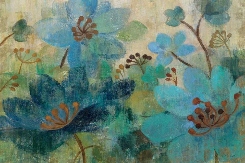 Lienzo impreso con caja americana Pavo Real Jardín Vassileva Silvia - Floral horizontal impresión floral contemporáneo jardín tallo brotes flor marco flotante 21_X_33_in