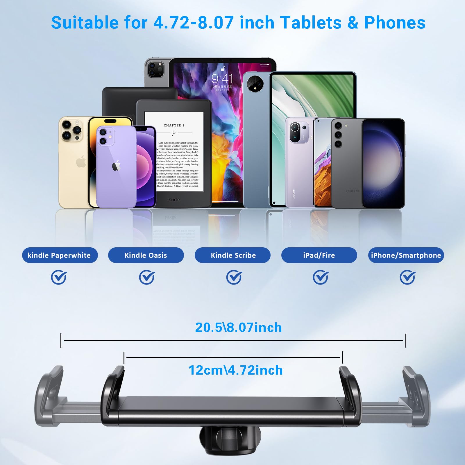 Kefotic Gooseneck Tablet Holder for Kindle Reading in Bed, Hands Free Desk Bedside Lazy Arm Stand for Kindle Accessories, Compatible with iPhone iPad Mini