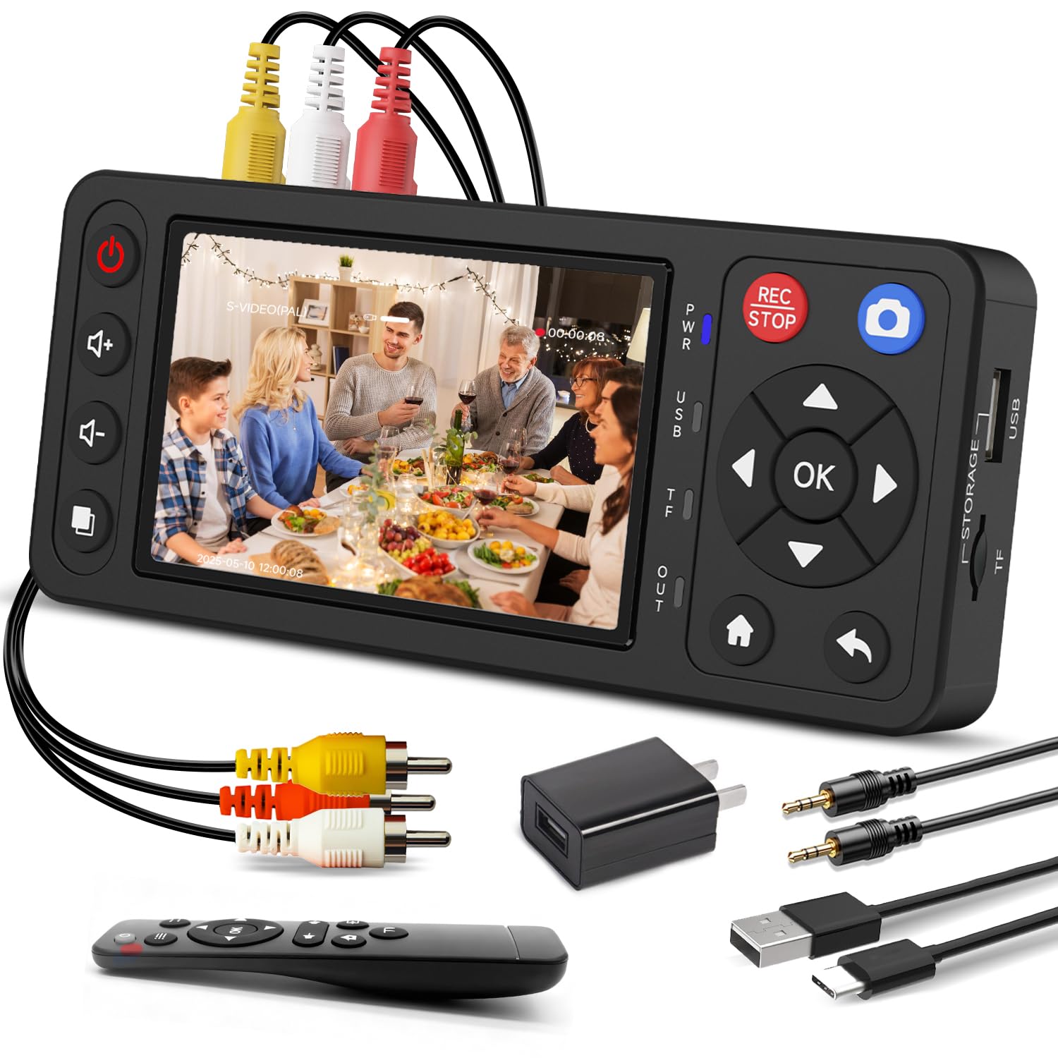 VHS-zu-Digital-Konverter mit 10,2 cm (4 Zoll) HD-Bildschirm, VCR zu Digital-Konverter zu MP4, kompatibel mit VHS-Player, Videorecorder, DVR, DVD, Hi8, Mini-DV-Playern, Camcordern (Bänder und