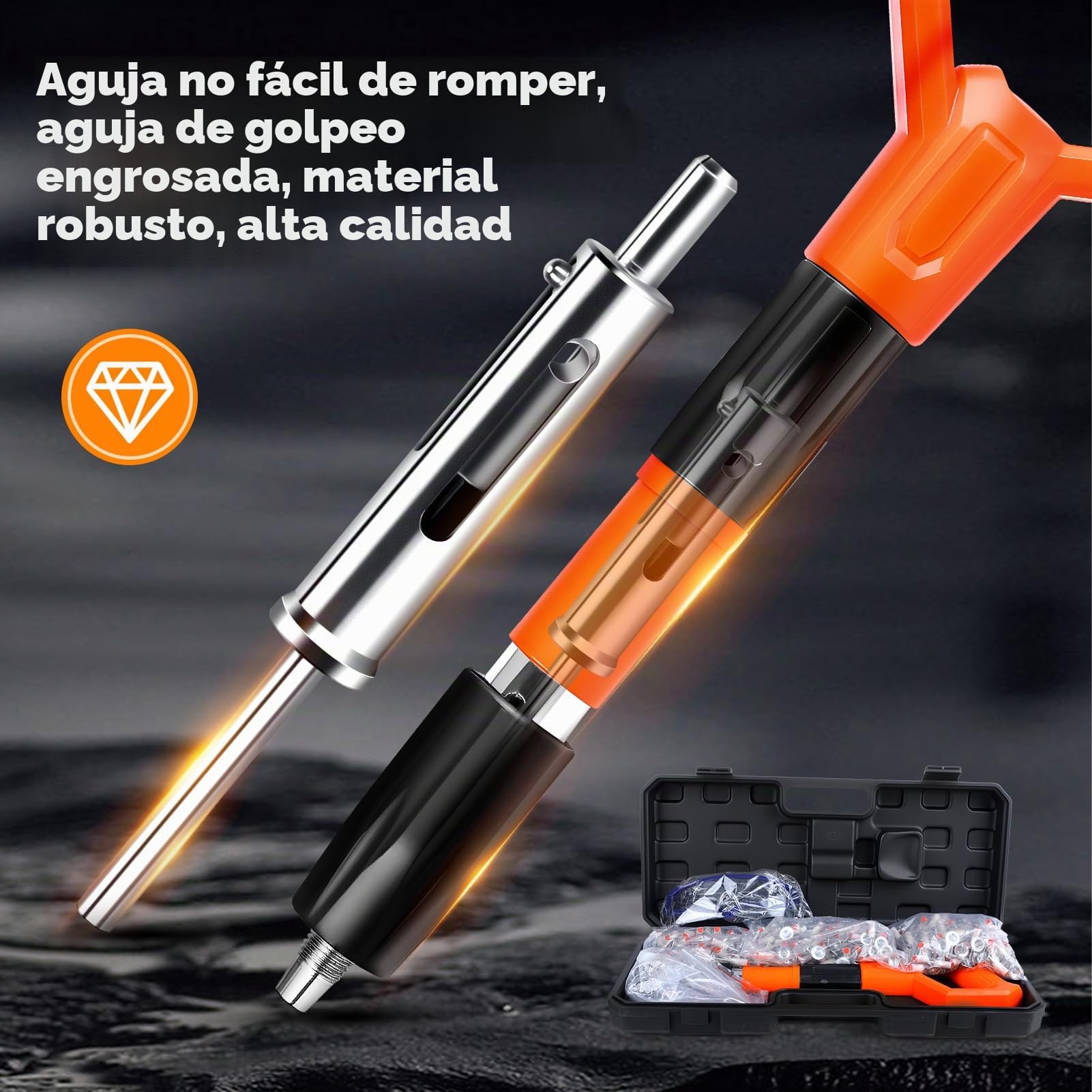 Pistola de clavos manual XIHUANNI con 300 clavos redondos, ajustable de 5 velocidades, para acero y hormigón, portátil y silenciosa, equipo de protección incluido (negro y naranja)