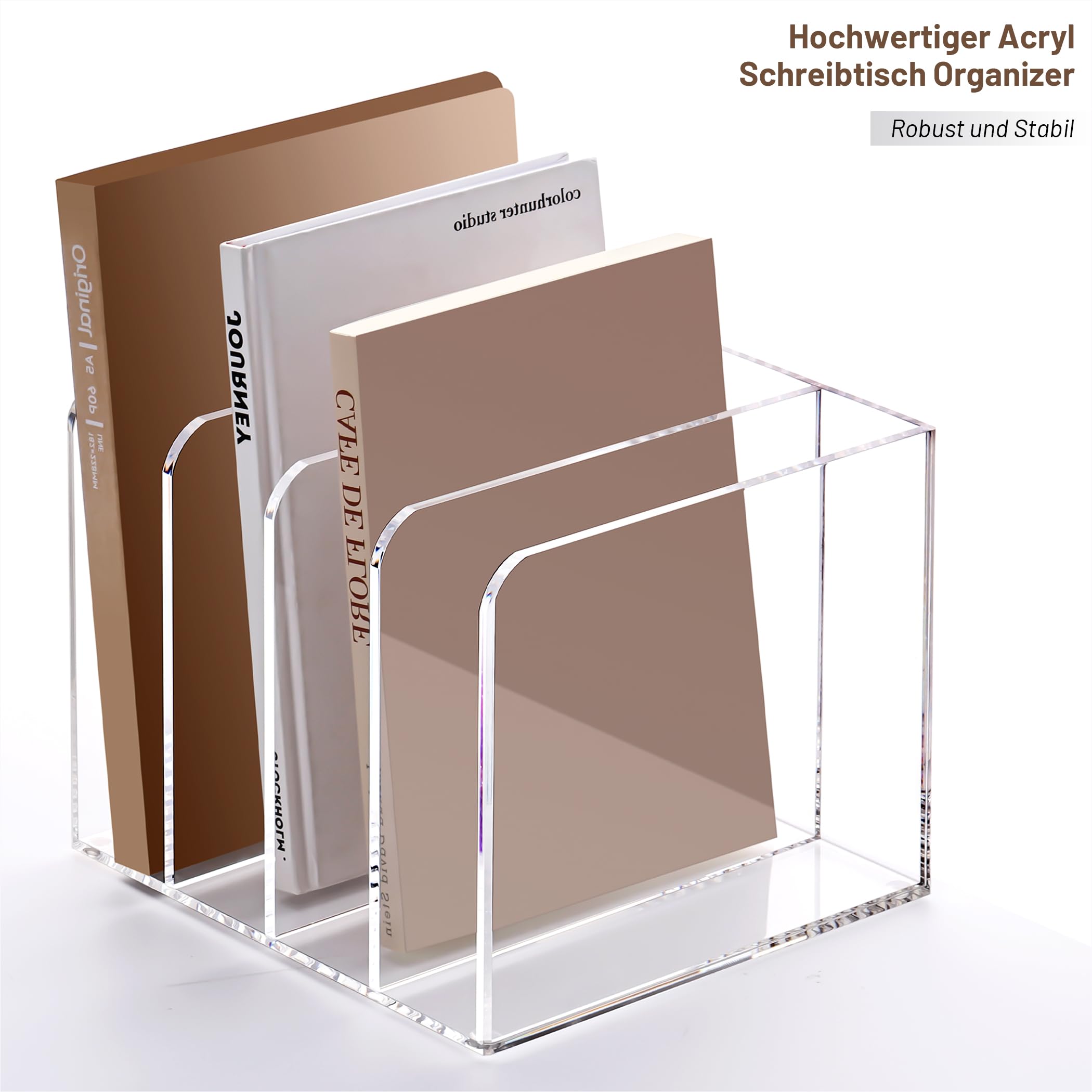SANRUI Premium Zeitschriftenhalter Acryl (4 Fächer) - Glasklarer Zeitschriftensammler & Schreibtisch Buchstütze, Moderner Aktenordner Stehsammler für Büro, Home Office & Deko, 16x21x18.5 cm