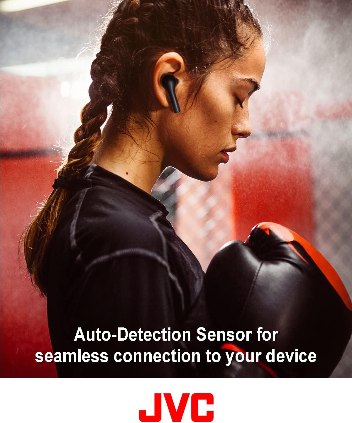 Person wearing JVC Marshmallow+ earbuds, demonstrating auto-detection