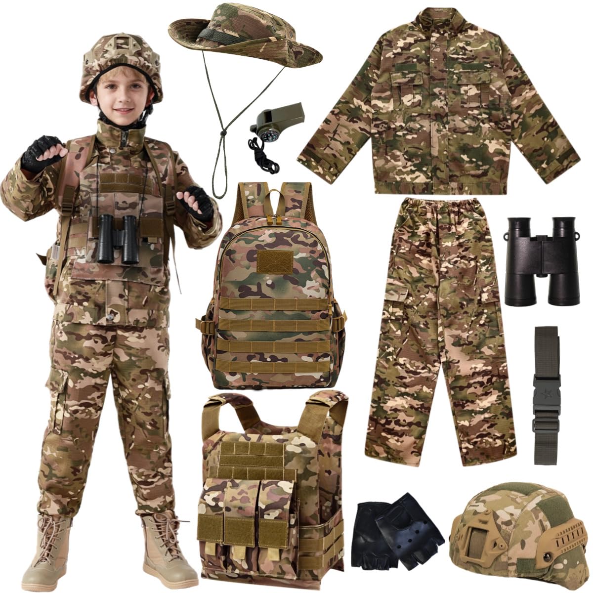 Korwrkiu Children's outdoor army special forces clothing children's camouflage individual clothing helmet backpack