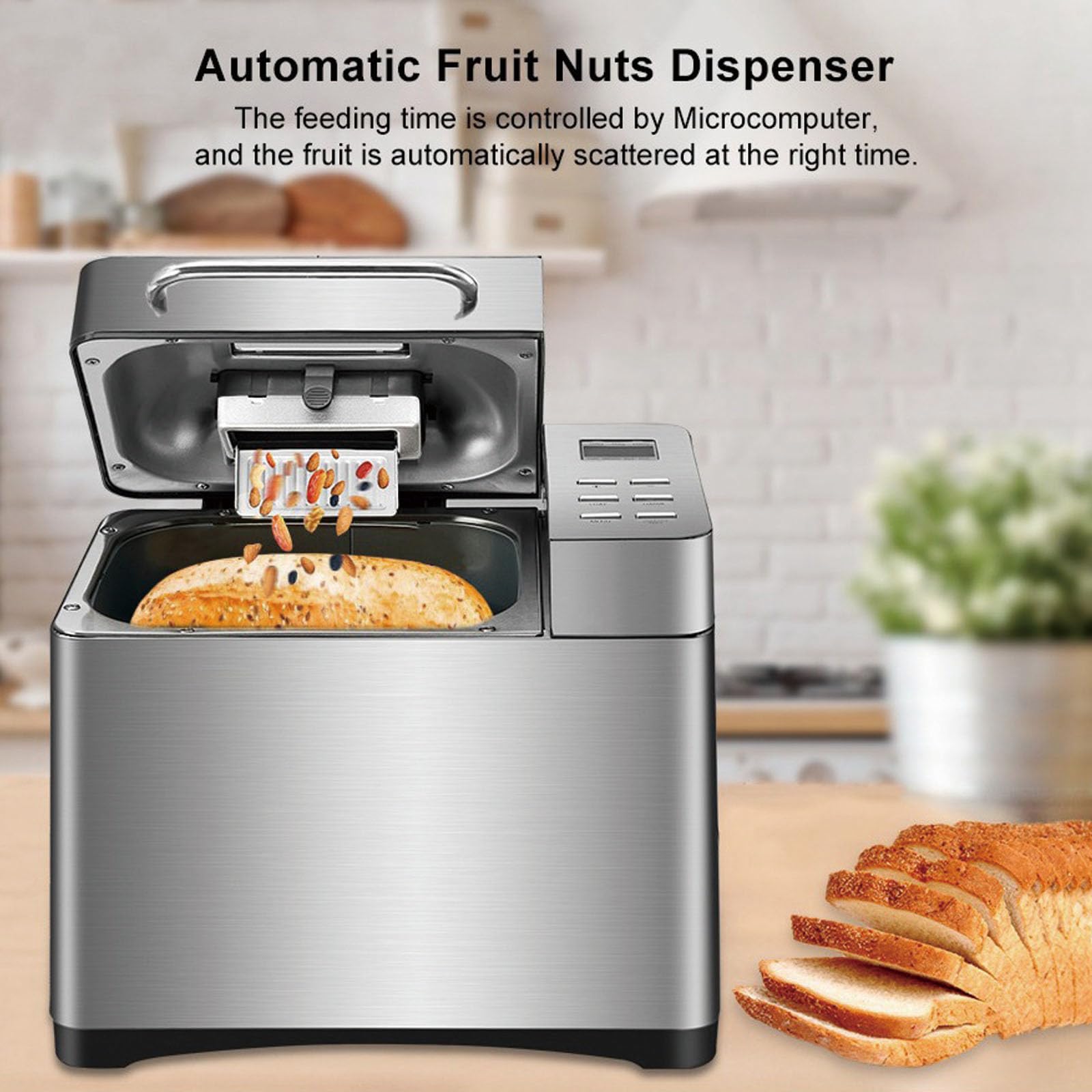 Mini máquina de pan con funciones 19 en 1, sartén antiadherente, panel táctil LCD, 3 tamaños de pan, extensión automática de nueces, temporizador de retardo para hornear en casa, yogur, mermelada