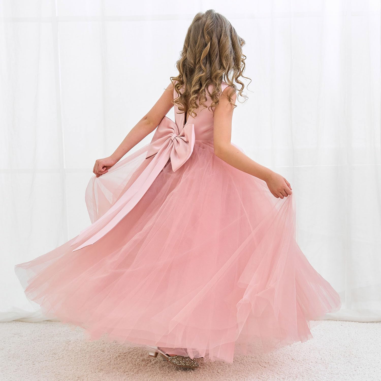 Flower Girl Dress for Wedding Satin Tulle Princess Pageant Gown with Pearls Bow Knot KT370 - Image 4