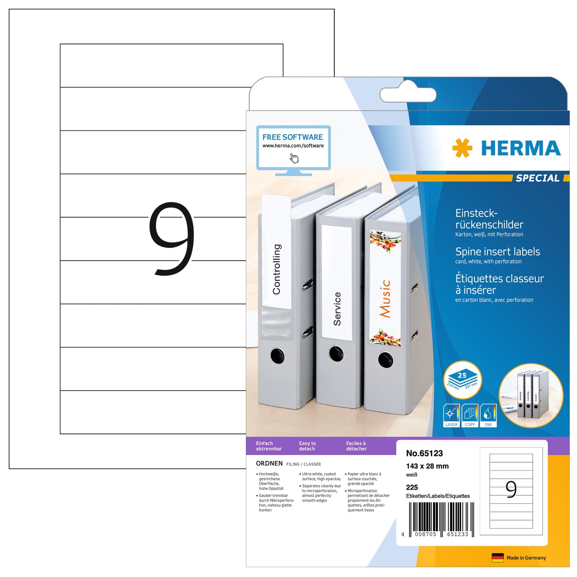 HERMA 65123 Insertion Spine Labels Perforated Short Narrow 25 Sheets 143 x 28 mm 9 per A4 Sheet 225 Printable Matte Blank Cardboard Inserts Spine Labels White