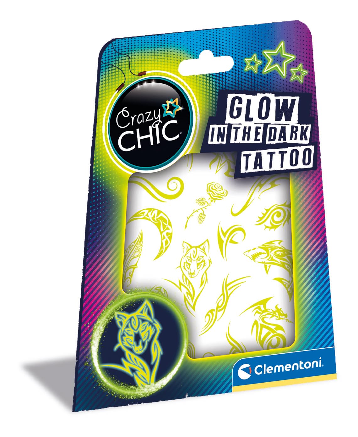 Clementoni - 18687 - Crazy Chic - Glow In The Dark Tattoo - Temporary Tattoos For Kids, Tattoo Kit For Kids