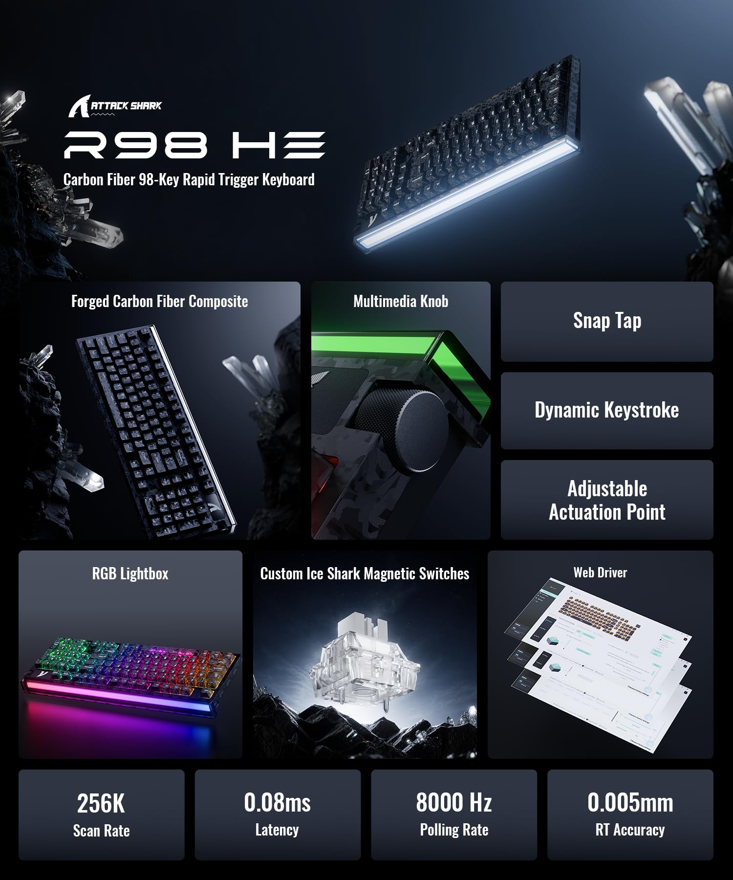 ATTACK SHARK R98 HE Clavier Gaming Magnétique Fibre de Carbone 8K