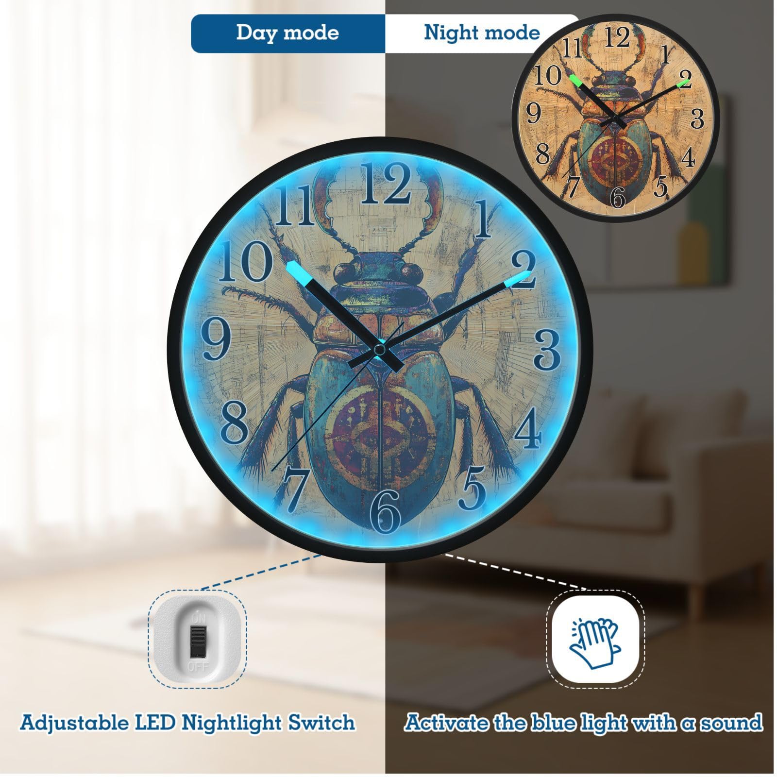 Mnsruu Reloj de pared con diseño de insectos, luminoso, funciona con pilas, silencioso, brilla en la oscuridad, para sala de estar, cocina, 12 pulgadas
