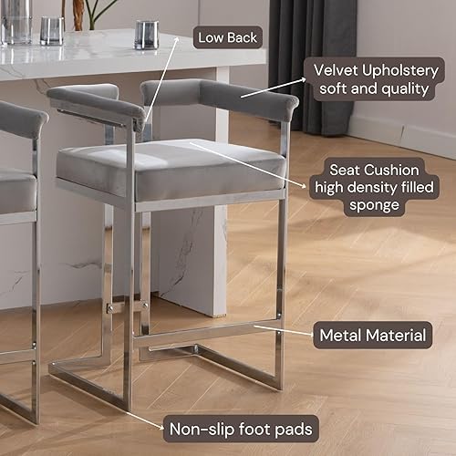 Miniatura 5 de DUOMAY Juego de 2 taburetes de bar modernos, taburete de 26 pulgadas de altura de mostrador con acabado cromado, silla de isla de cocina tapizada de
