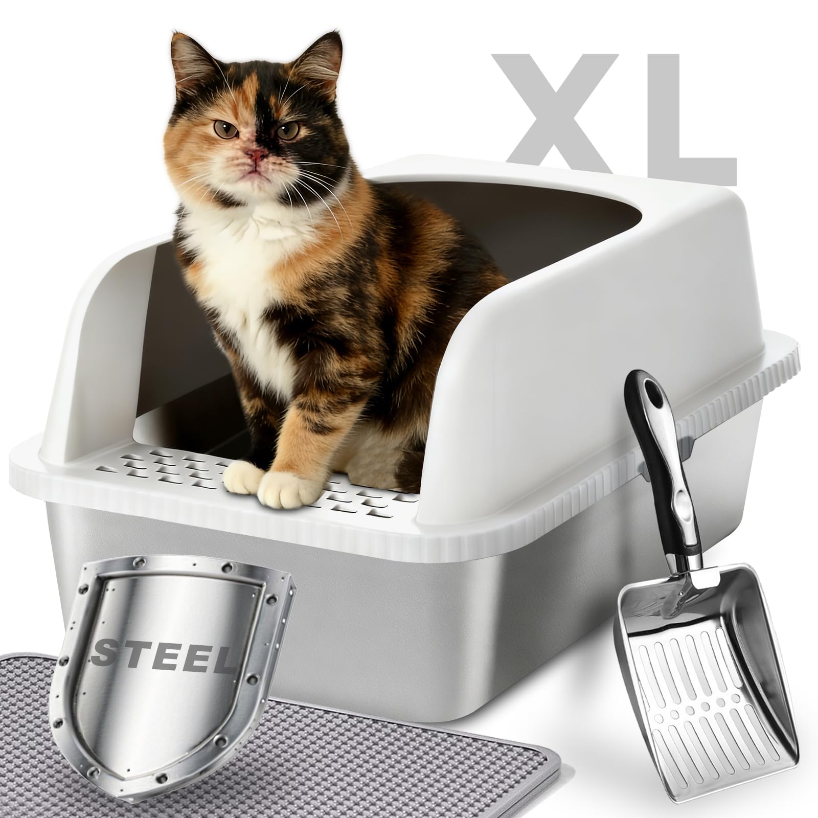 Helntova Stainless Steel Cat Litter Box with Lid, 20" L x 14.2" W x 12" H, Extra Large Enclosed Litter Box for Cats, High Sided Anti Leakage, Non-Stick, Includes Stainless Steel Scoop & Cat Mat