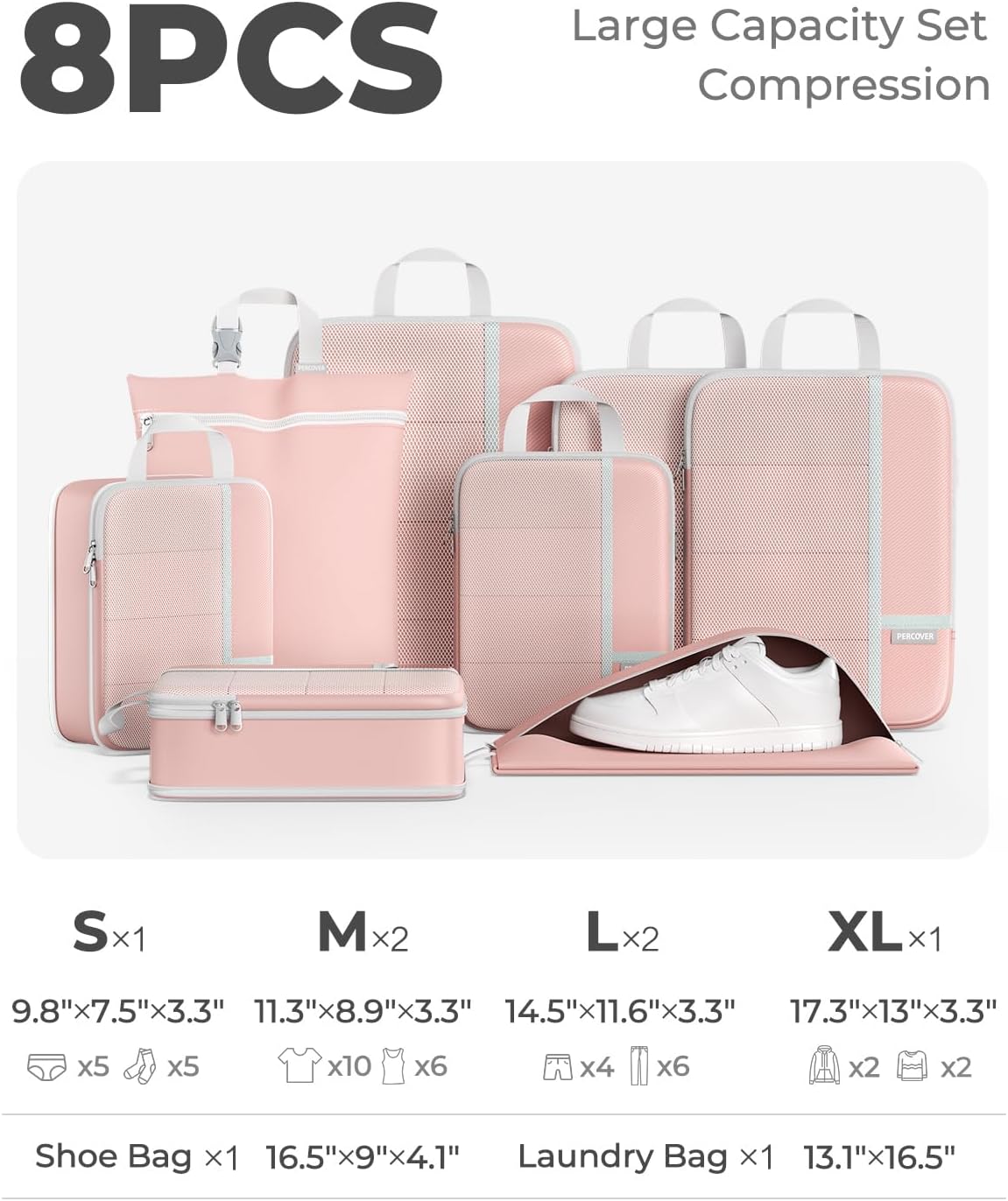 Percover Compression Packing Cubes 8-Piece Set, Packing Cubes Compression for Travel with Laundry Bag & Shoe Bag, Travel Organizer for Carry On & Checked Luggage, Pink