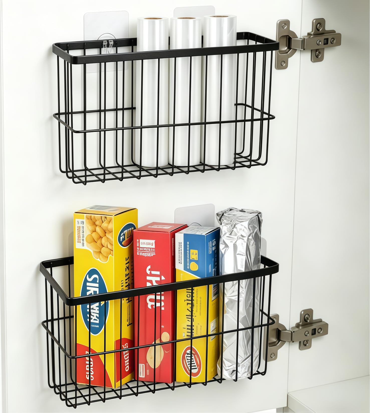 2 Pack Adhesive Cabinet Door Organizer, No Drilling Required, Hanging Storage Basket Organizer Wall Mounted Pantry, for Kitchen, Fridge, Bathroom (Black)