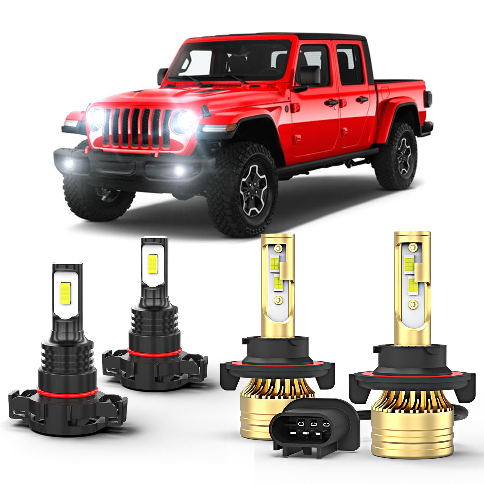 Fit for 2020-2022 Jeep Gladiator,9008/H13 Hi/Lo Bulb+5202 Fog Lights,500% Bright 6000K 11000LM 70W,Ultra Bright LED Light Bulbs,Plug and Play,Pack of 4