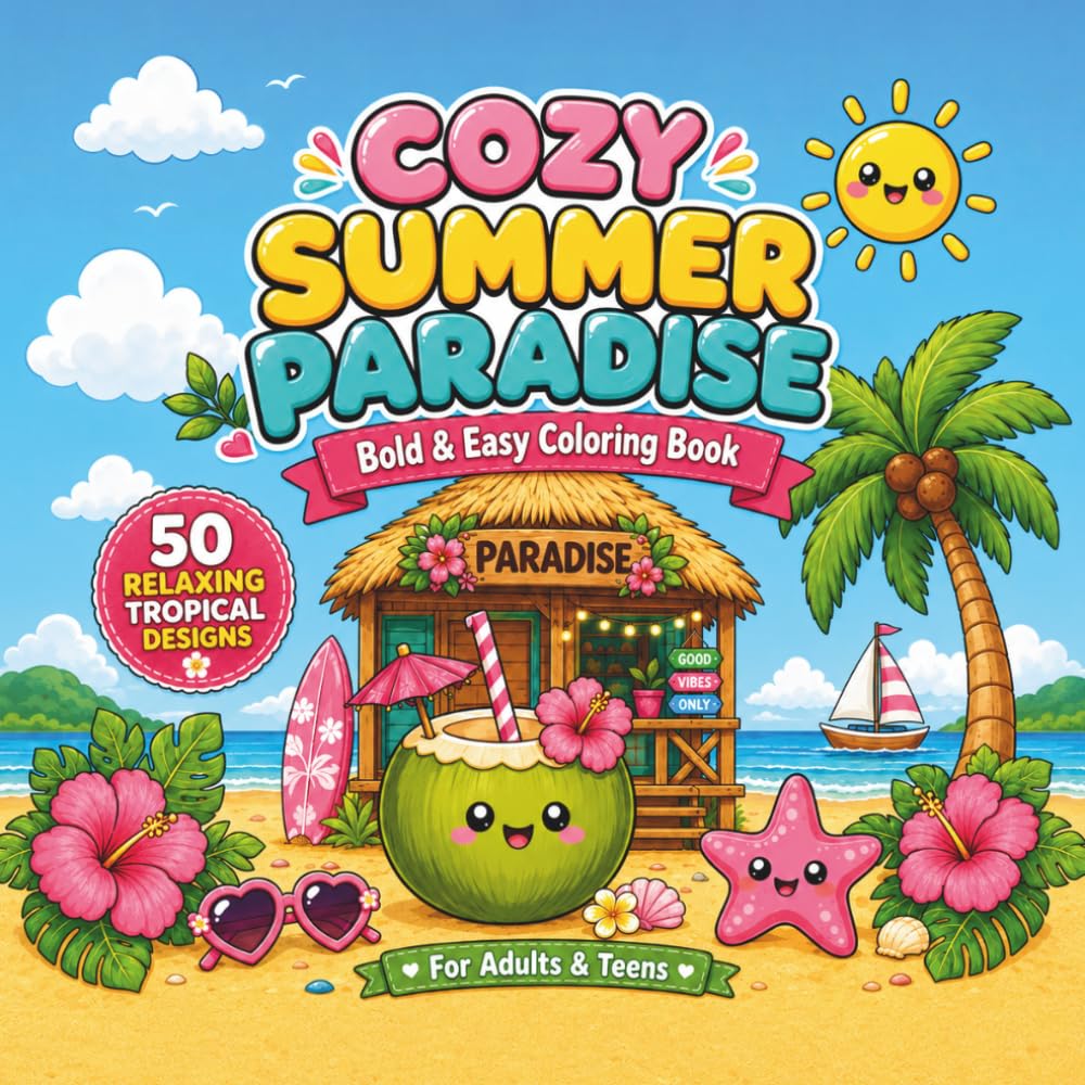 Cozy Summer Paradise: Bold and Easy Tropical Coloring Book for Adults and Teens with Relaxing Beach, Island and Vacation Vibes