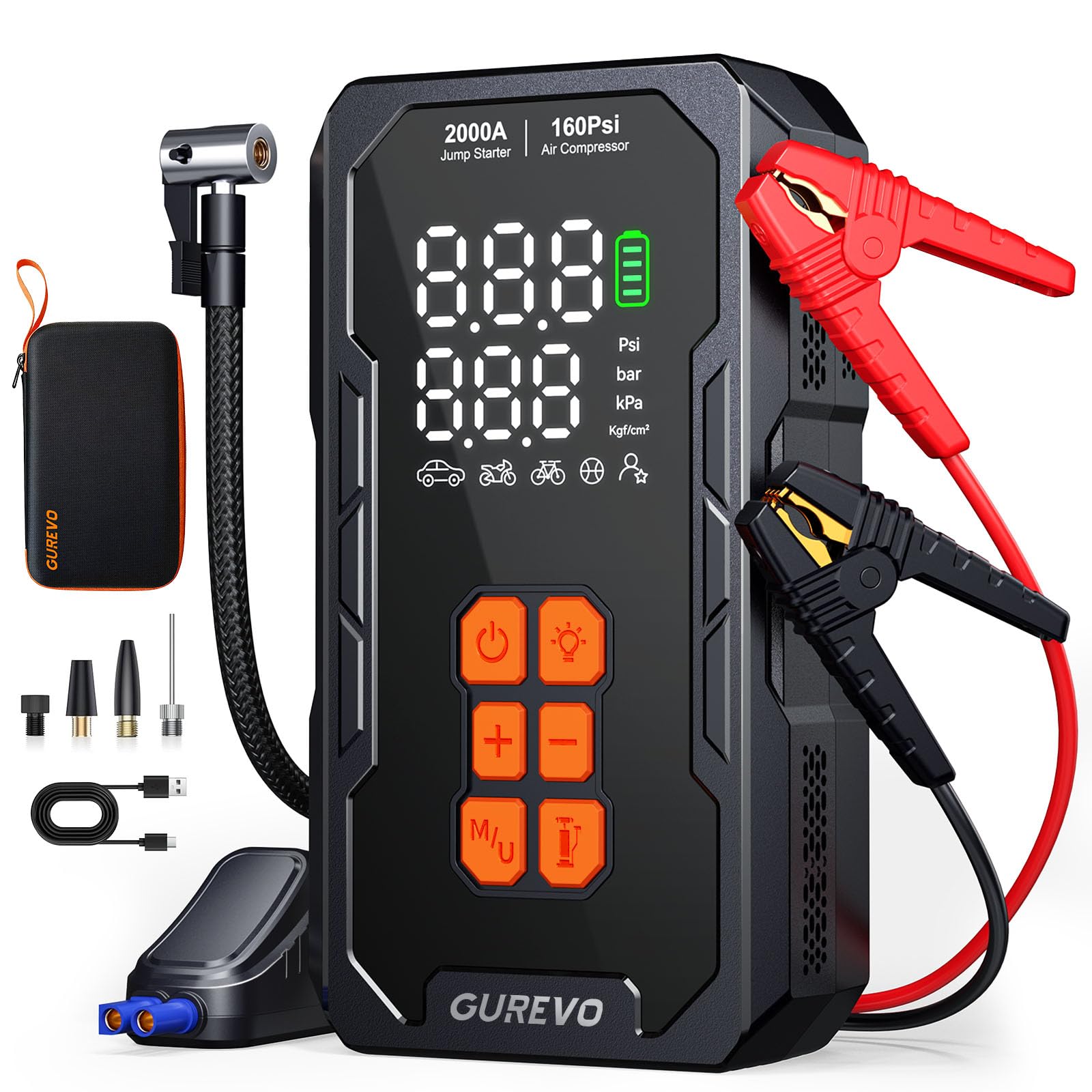 GUREVO 2000A Jump Starter with Air Compressor, Car Battery Jumper Starter Portable with 160PSI Auto Shut-Off Tire Inflator, Car Battery Charger Jump Box for 8.0L Gas/6.0L Diesel Engines