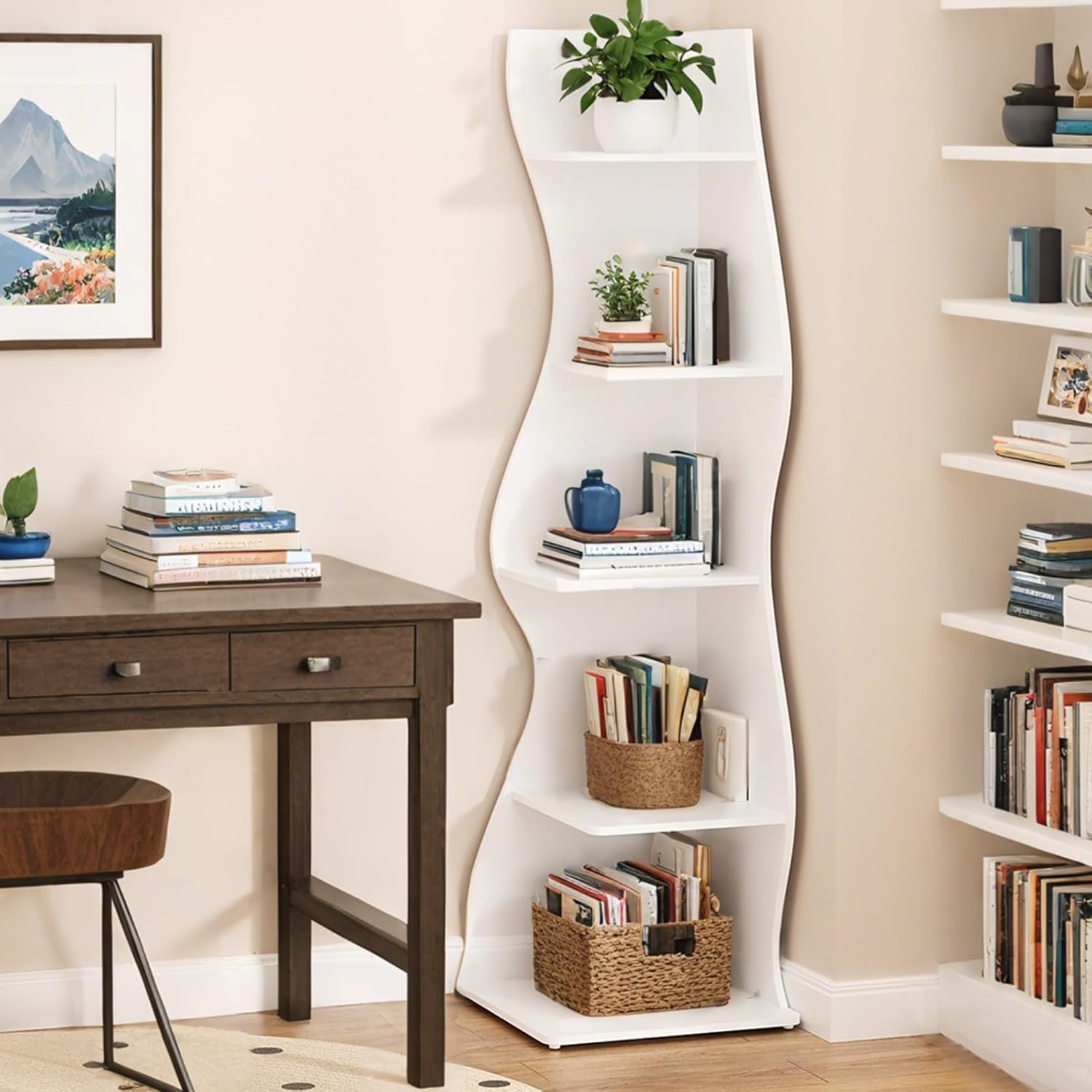 LEILISI 70" Corner Shelf Stand, 5-Tier Modern Wall Corner Bookshelf for Small Space Corner Bookcase for Living Room, Home Office, Bedroom (White)
