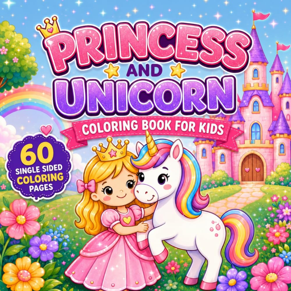 Princess and Unicorn COLORING BOOK for Kids Ages 3-8: Cute Magical Princesses, Unicorns, Castles, Crowns, Bold and Easy Fun Coloring Pages for Girls, Toddlers and Preschoolers