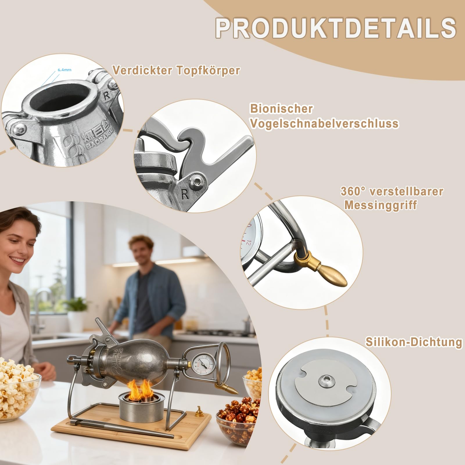 500ML Chinesische Popcornmaschine, Edelstahl Retro Hand Popcorn Maker | Klein Popcorn Kanone für Movie Night Partyspaß, Familientreffen