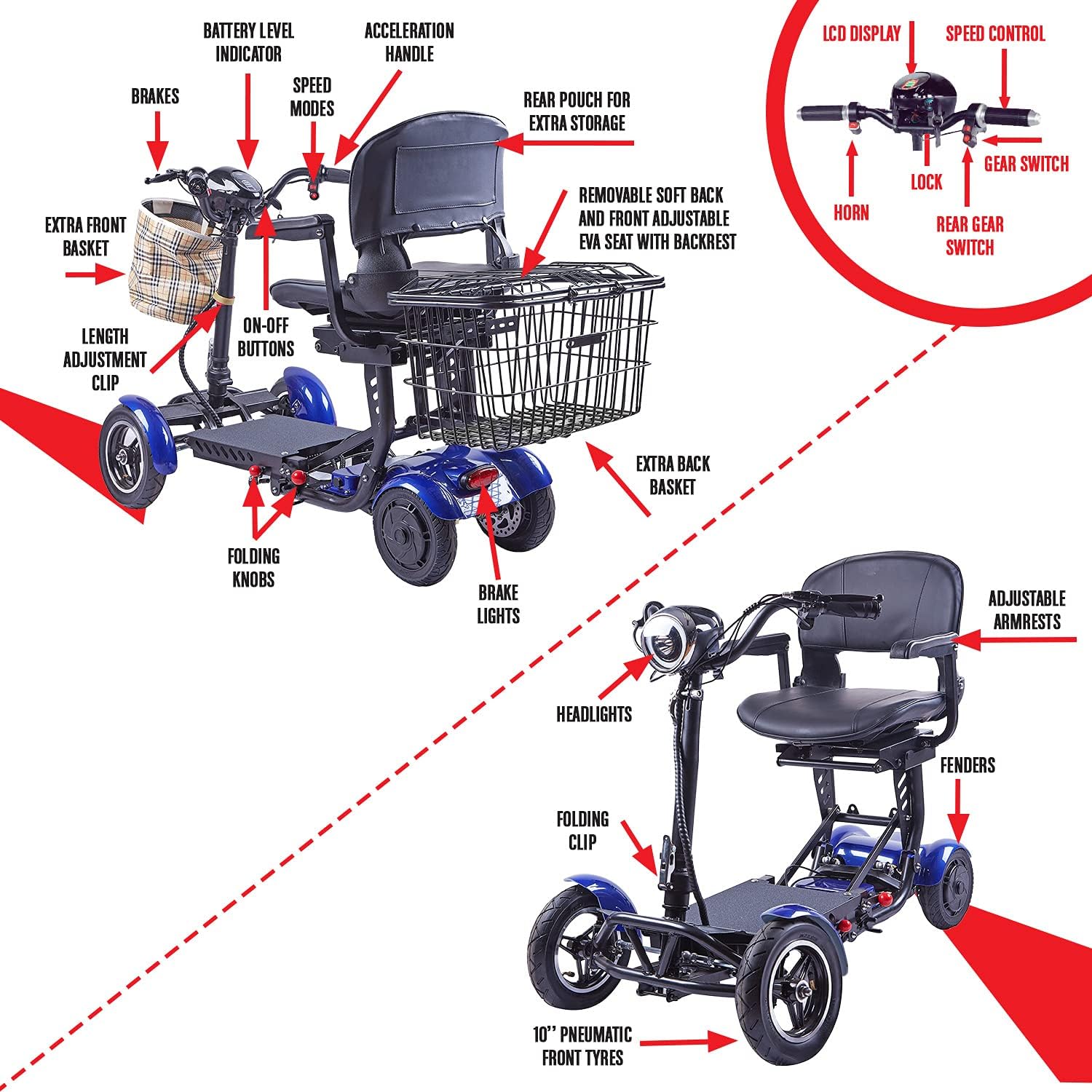 ActiWe Electric Powered Motorized Transformer 4 Wheel Mobility Scooter with Adjustable Seat for Adults- All Terrain 4x4 Off Road Folding Electric Wheelchair for Seniors : Health & Household