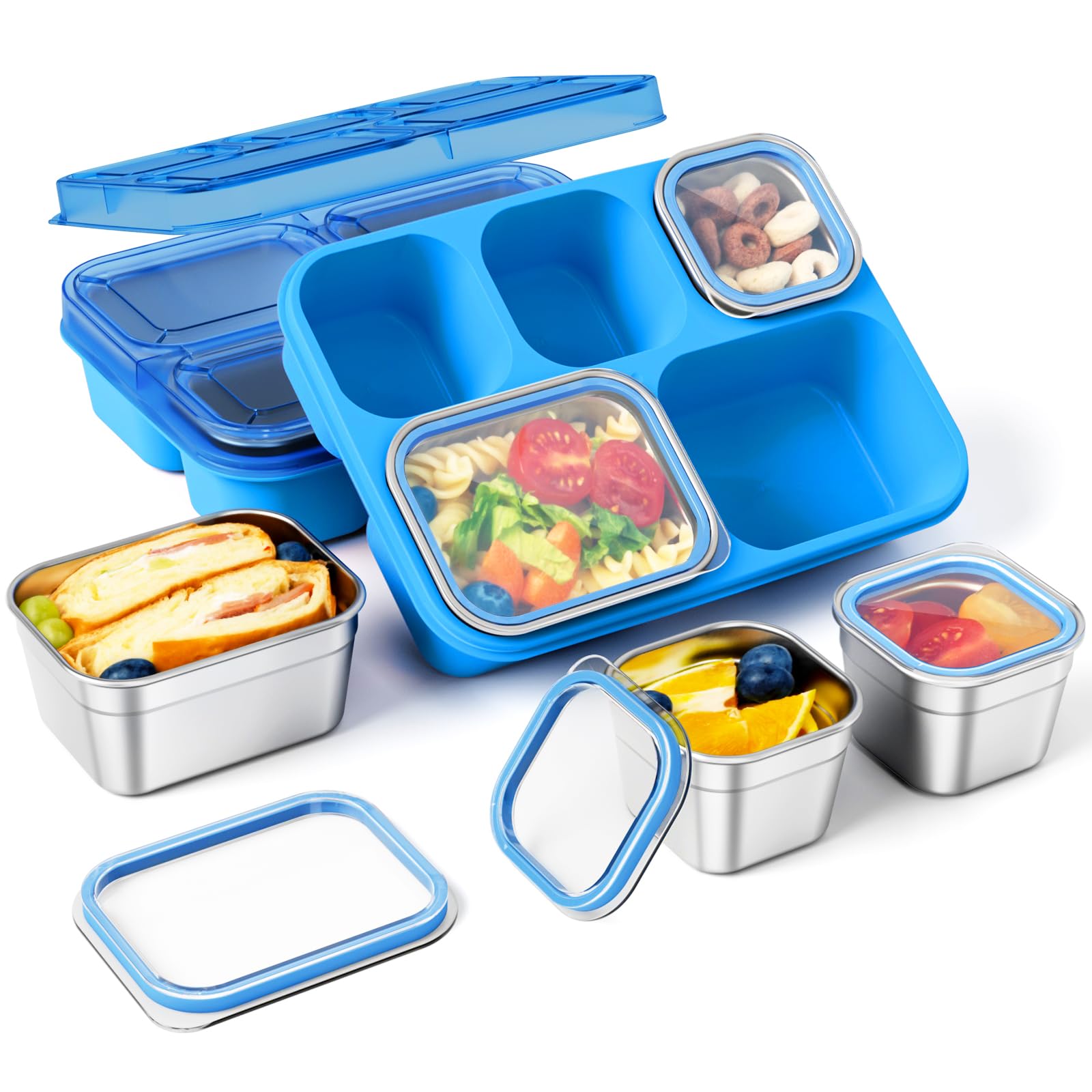 Freshmage Contenitori per snack in acciaio inox, confezione da 2, senza BPA, con 5 scomparti, riutilizzabili, per scuola, lavoro e viaggi, lavabili in lavastoviglie (blu)